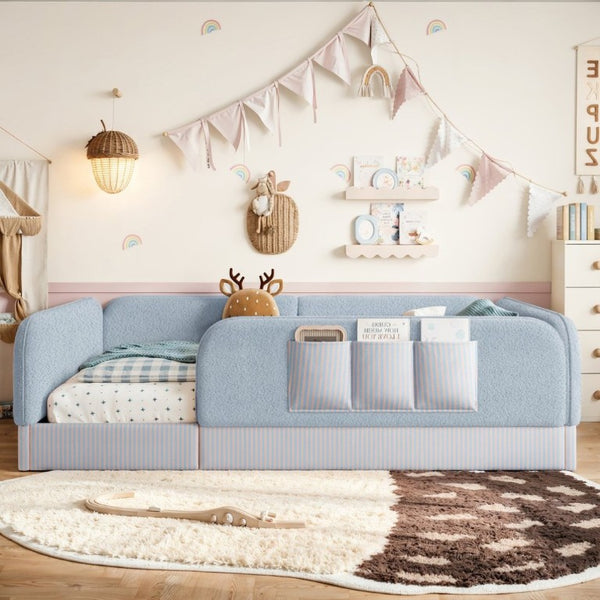 English Elm Queen Montessori Floor Bed Teddy Fleece Surround Rails Kids Cozy Low Profile Frame Blue W1580P493513