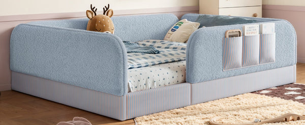 English Elm Queen Montessori Floor Bed Teddy Fleece Surround Rails Kids Cozy Low Profile Frame Blue W1580P493513