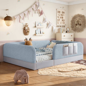 English Elm Queen Montessori Floor Bed Teddy Fleece Surround Rails Kids Cozy Low Profile Frame Blue W1580P493513