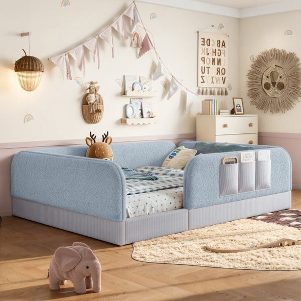English Elm Queen Montessori Floor Bed Teddy Fleece Surround Rails Kids Cozy Low Profile Frame Blue W1580P493513