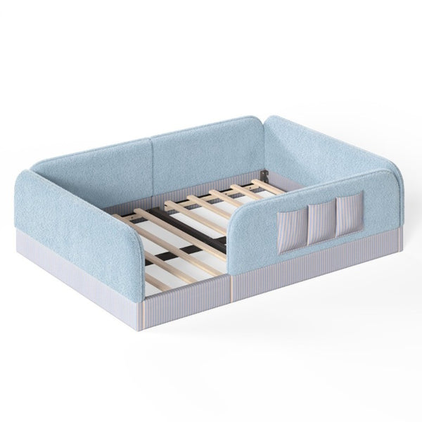 English Elm Queen Montessori Floor Bed Teddy Fleece Surround Rails Kids Cozy Low Profile Frame Blue W1580P493513