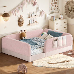 English Elm Queen Montessori Floor Bed Teddy Fleece Surround Rails Kids Cozy Low Profile Frame Pink W1580P493514