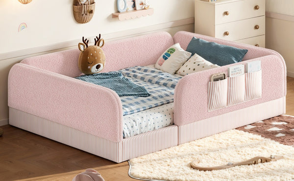 English Elm Queen Montessori Floor Bed Teddy Fleece Surround Rails Kids Cozy Low Profile Frame Pink W1580P493514