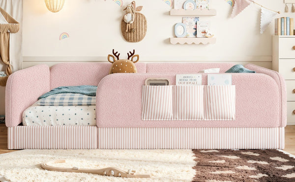 English Elm Queen Montessori Floor Bed Teddy Fleece Surround Rails Kids Cozy Low Profile Frame Pink W1580P493514