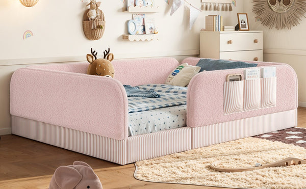 English Elm Queen Montessori Floor Bed Teddy Fleece Surround Rails Kids Cozy Low Profile Frame Pink W1580P493514