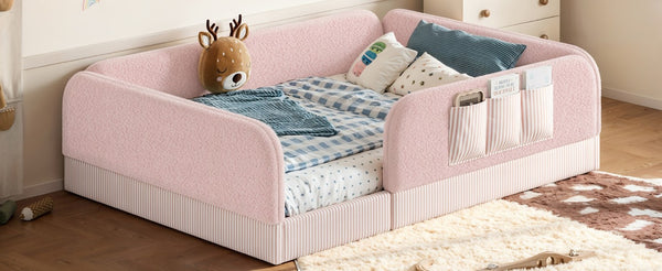 English Elm Queen Montessori Floor Bed Teddy Fleece Surround Rails Kids Cozy Low Profile Frame Pink W1580P493514