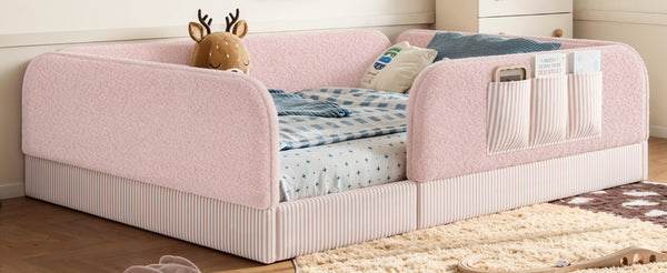 English Elm Queen Montessori Floor Bed Teddy Fleece Surround Rails Kids Cozy Low Profile Frame Pink W1580P493514