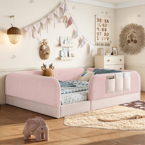 English Elm Queen Montessori Floor Bed Teddy Fleece Surround Rails Kids Cozy Low Profile Frame Pink W1580P493514