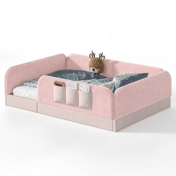English Elm Queen Montessori Floor Bed Teddy Fleece Surround Rails Kids Cozy Low Profile Frame Pink W1580P493514