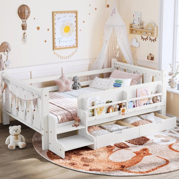 English Elm Twin Pine Wood Kids Floor Bed with Builtin Stairs Guardrails and Side Bookcases White W1580P497205