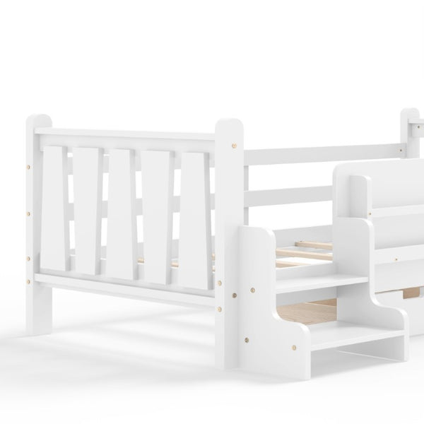 English Elm Twin Pine Wood Kids Floor Bed with Builtin Stairs Guardrails and Side Bookcases White W1580P497205