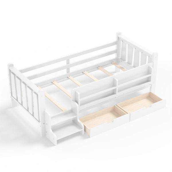 English Elm Twin Pine Wood Kids Floor Bed with Builtin Stairs Guardrails and Side Bookcases White W1580P497205