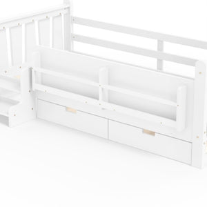 English Elm Twin Pine Wood Kids Floor Bed with Builtin Stairs Guardrails and Side Bookcases White W1580P497205