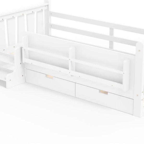 English Elm Twin Pine Wood Kids Floor Bed with Builtin Stairs Guardrails and Side Bookcases White W1580P497205