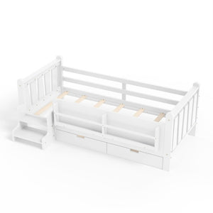 English Elm Twin Pine Wood Kids Floor Bed with Builtin Stairs Guardrails and Side Bookcases White W1580P497205