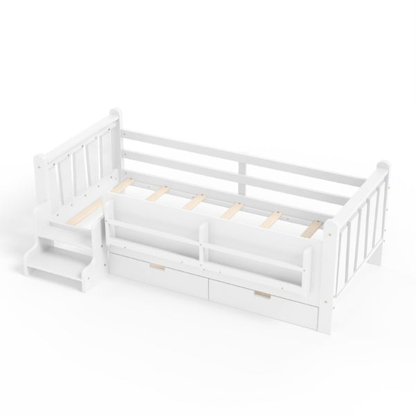 English Elm Twin Pine Wood Kids Floor Bed with Builtin Stairs Guardrails and Side Bookcases White W1580P497205