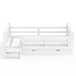 English Elm Twin Pine Wood Kids Floor Bed with Builtin Stairs Guardrails and Side Bookcases White W1580P497205
