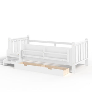 English Elm Twin Pine Wood Kids Floor Bed with Builtin Stairs Guardrails and Side Bookcases White W1580P497205