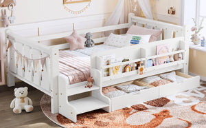 English Elm Twin Pine Wood Kids Floor Bed with Builtin Stairs Guardrails and Side Bookcases White W1580P497205