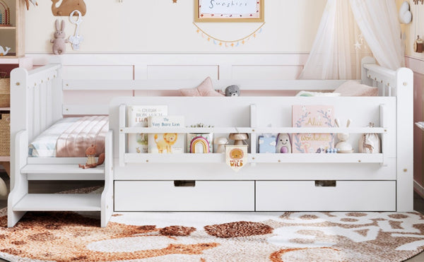 English Elm Twin Pine Wood Kids Floor Bed with Builtin Stairs Guardrails and Side Bookcases White W1580P497205