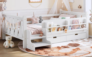 English Elm Twin Pine Wood Kids Floor Bed with Builtin Stairs Guardrails and Side Bookcases White W1580P497205