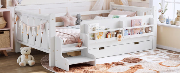 English Elm Twin Pine Wood Kids Floor Bed with Builtin Stairs Guardrails and Side Bookcases White W1580P497205