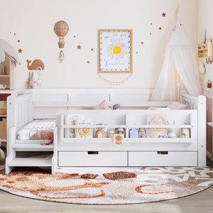 English Elm Twin Pine Wood Kids Floor Bed with Builtin Stairs Guardrails and Side Bookcases White W1580P497205
