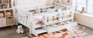 English Elm Twin Pine Wood Kids Floor Bed with Builtin Stairs Guardrails and Side Bookcases White W1580P497205