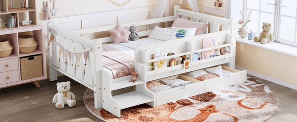 English Elm Twin Pine Wood Kids Floor Bed with Builtin Stairs Guardrails and Side Bookcases White W1580P497205