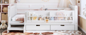 English Elm Twin Pine Wood Kids Floor Bed with Builtin Stairs Guardrails and Side Bookcases White W1580P497205