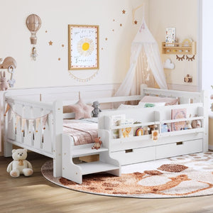 English Elm Twin Pine Wood Kids Floor Bed with Builtin Stairs Guardrails and Side Bookcases White W1580P497205