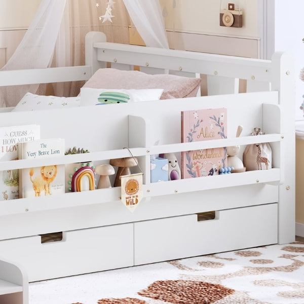 English Elm Twin Pine Wood Kids Floor Bed with Builtin Stairs Guardrails and Side Bookcases White W1580P497205