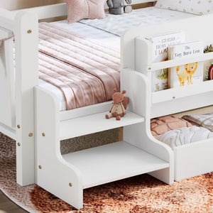 English Elm Twin Pine Wood Kids Floor Bed with Builtin Stairs Guardrails and Side Bookcases White W1580P497205