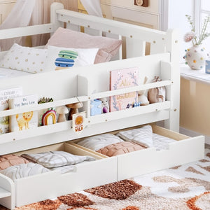 English Elm Twin Pine Wood Kids Floor Bed with Builtin Stairs Guardrails and Side Bookcases White W1580P497205