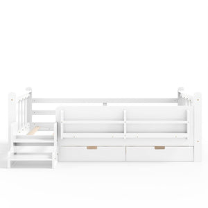 English Elm Twin Pine Wood Kids Floor Bed with Builtin Stairs Guardrails and Side Bookcases White W1580P497205