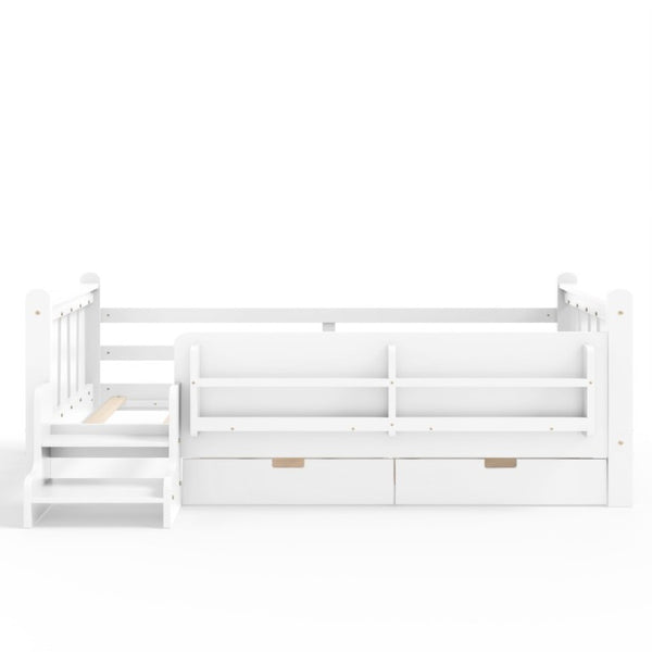 English Elm Twin Pine Wood Kids Floor Bed with Builtin Stairs Guardrails and Side Bookcases White W1580P497205