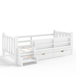 English Elm Twin Pine Wood Kids Floor Bed with Builtin Stairs Guardrails and Side Bookcases White W1580P497205