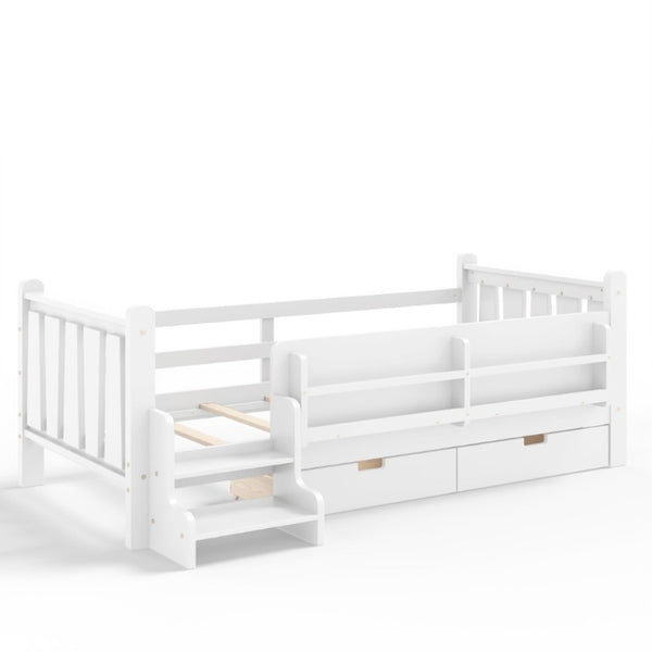 English Elm Twin Pine Wood Kids Floor Bed with Builtin Stairs Guardrails and Side Bookcases White W1580P497205