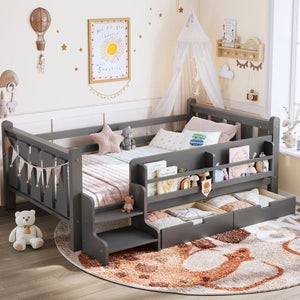 English Elm Twin Pine Wood Kids Floor Bed with Builtin Stairs Guardrails and Side Bookcases Gray W1580P497206