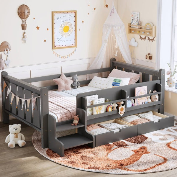 English Elm Twin Pine Wood Kids Floor Bed with Builtin Stairs Guardrails and Side Bookcases Gray W1580P497206