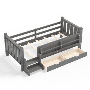 English Elm Twin Pine Wood Kids Floor Bed with Builtin Stairs Guardrails and Side Bookcases Gray W1580P497206