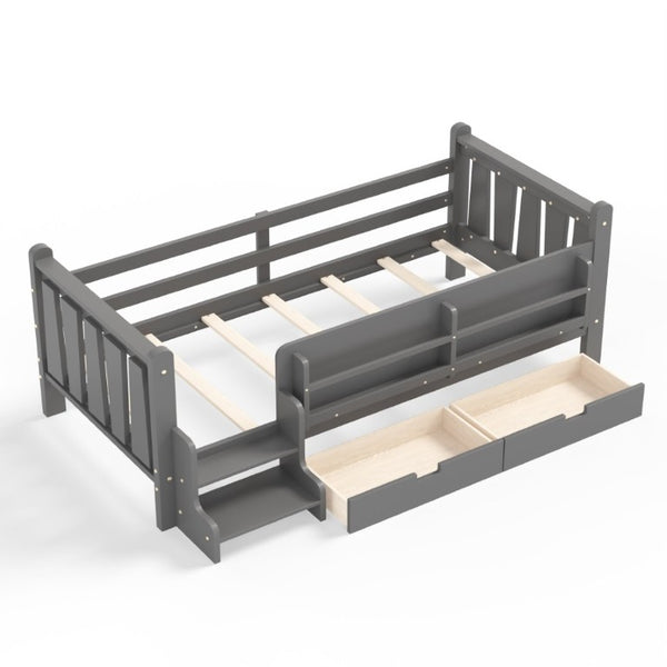 English Elm Twin Pine Wood Kids Floor Bed with Builtin Stairs Guardrails and Side Bookcases Gray W1580P497206