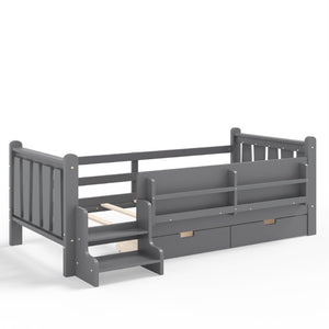 English Elm Twin Pine Wood Kids Floor Bed with Builtin Stairs Guardrails and Side Bookcases Gray W1580P497206