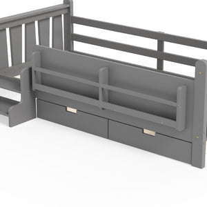 English Elm Twin Pine Wood Kids Floor Bed with Builtin Stairs Guardrails and Side Bookcases Gray W1580P497206