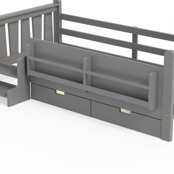 English Elm Twin Pine Wood Kids Floor Bed with Builtin Stairs Guardrails and Side Bookcases Gray W1580P497206