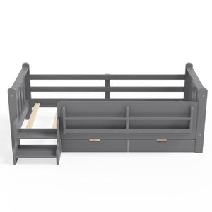 English Elm Twin Pine Wood Kids Floor Bed with Builtin Stairs Guardrails and Side Bookcases Gray W1580P497206