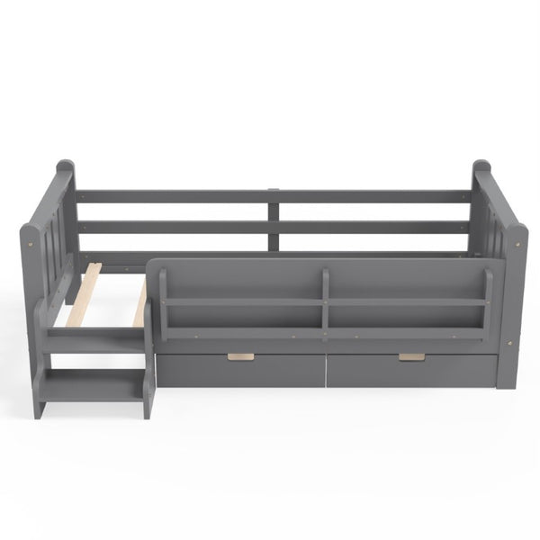 English Elm Twin Pine Wood Kids Floor Bed with Builtin Stairs Guardrails and Side Bookcases Gray W1580P497206