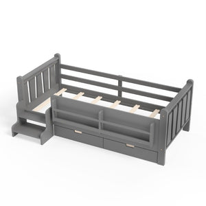 English Elm Twin Pine Wood Kids Floor Bed with Builtin Stairs Guardrails and Side Bookcases Gray W1580P497206