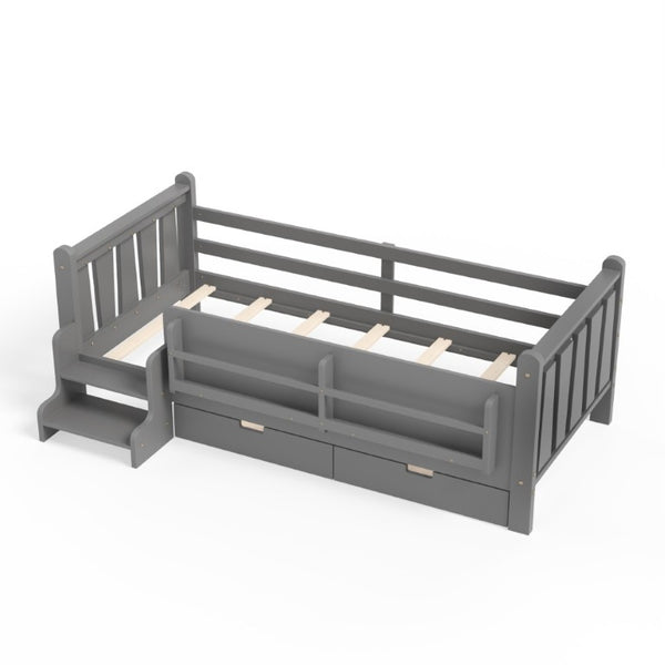 English Elm Twin Pine Wood Kids Floor Bed with Builtin Stairs Guardrails and Side Bookcases Gray W1580P497206