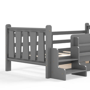 English Elm Twin Pine Wood Kids Floor Bed with Builtin Stairs Guardrails and Side Bookcases Gray W1580P497206